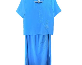 VTG Maggie Sweet dames S blauwe bloemen geborduurde 2-delige rok set 90s grootmoeder