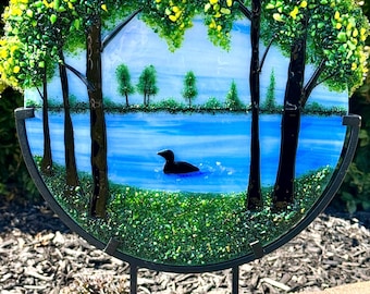 Fused Glass Lake Landscape Panel – Tree Canopy River Scene, Nature Art Décor