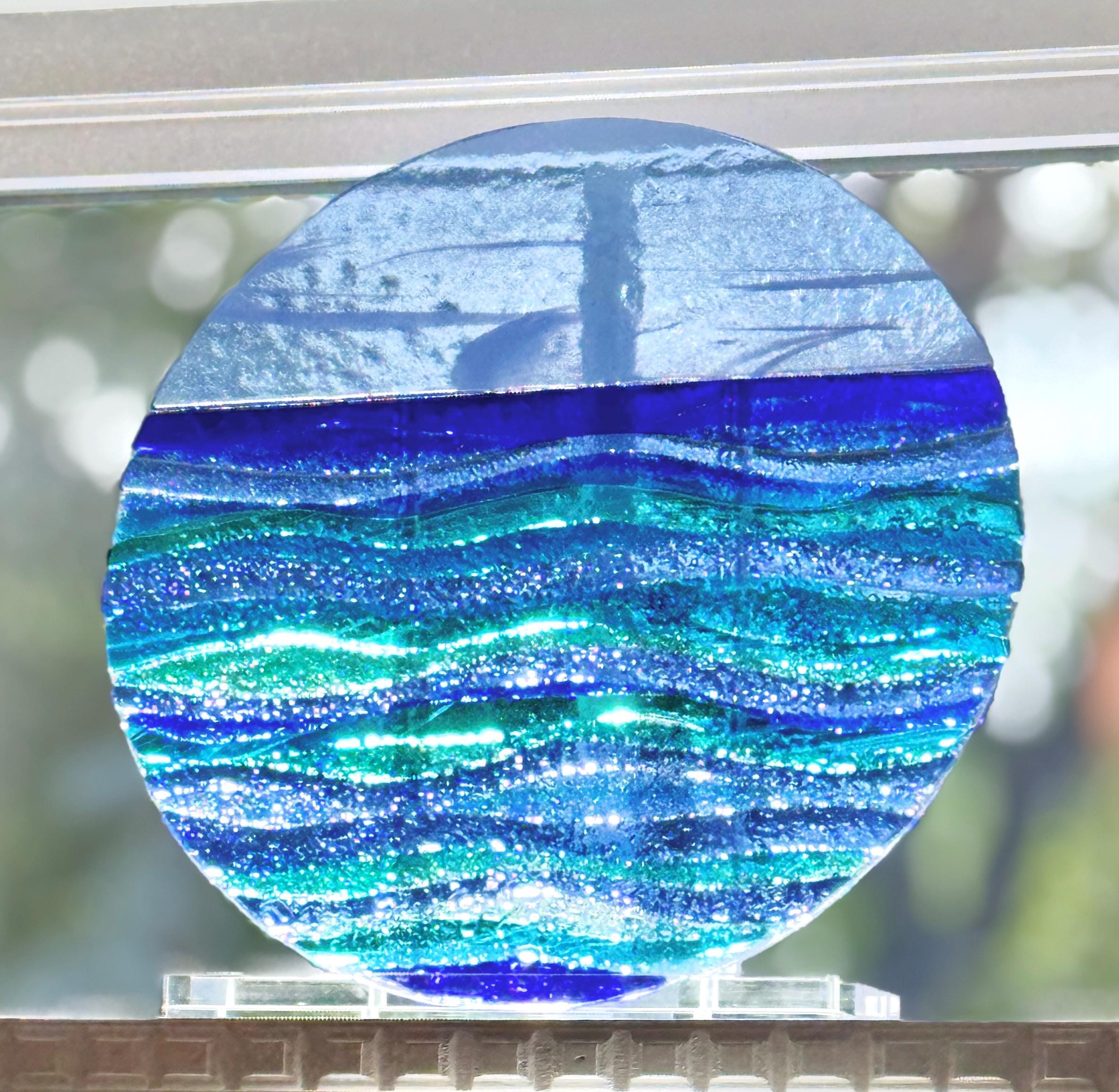 Fused Glass Ocean Wave Art, 11" Round Seascape Sculpture