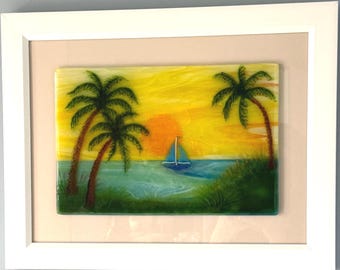 Tropical Sunset Glass Art – Palm Tree Ocean Scene