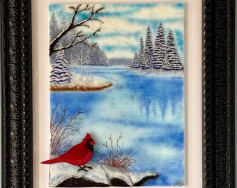 Cardinal Winter Lake Landscape, Fused Glass Art, Framed Nature Scene