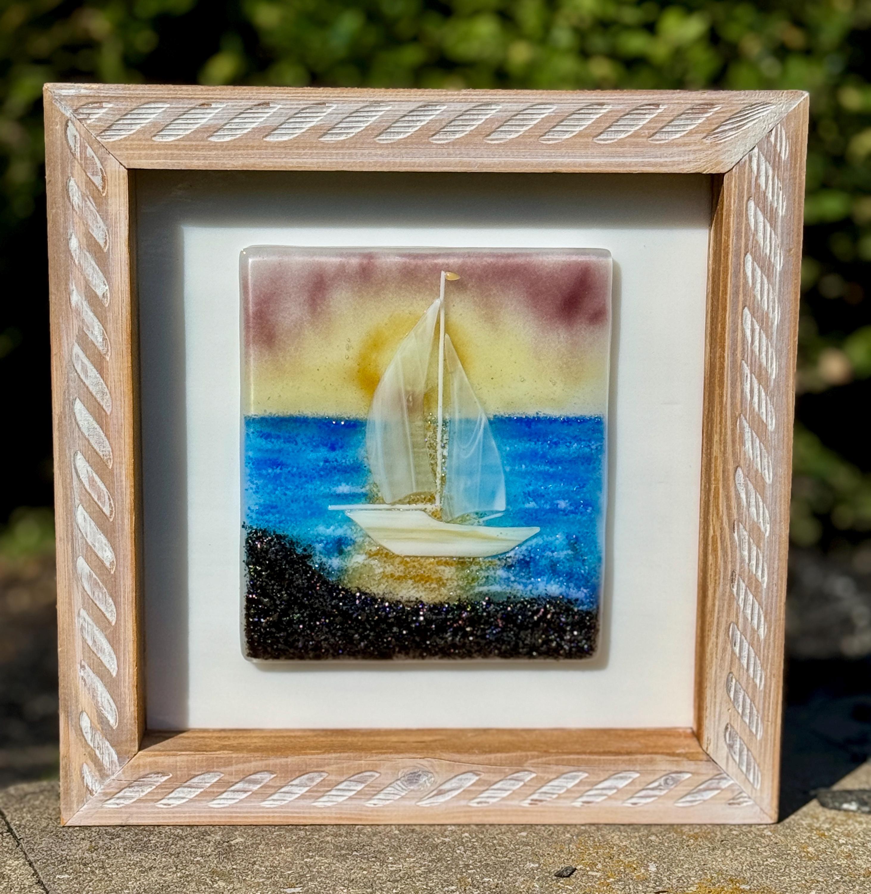 Fused Glass Sailboat Sunset Panel - Nautical Home Decor, Handmade Glass Art with Wooden Frame