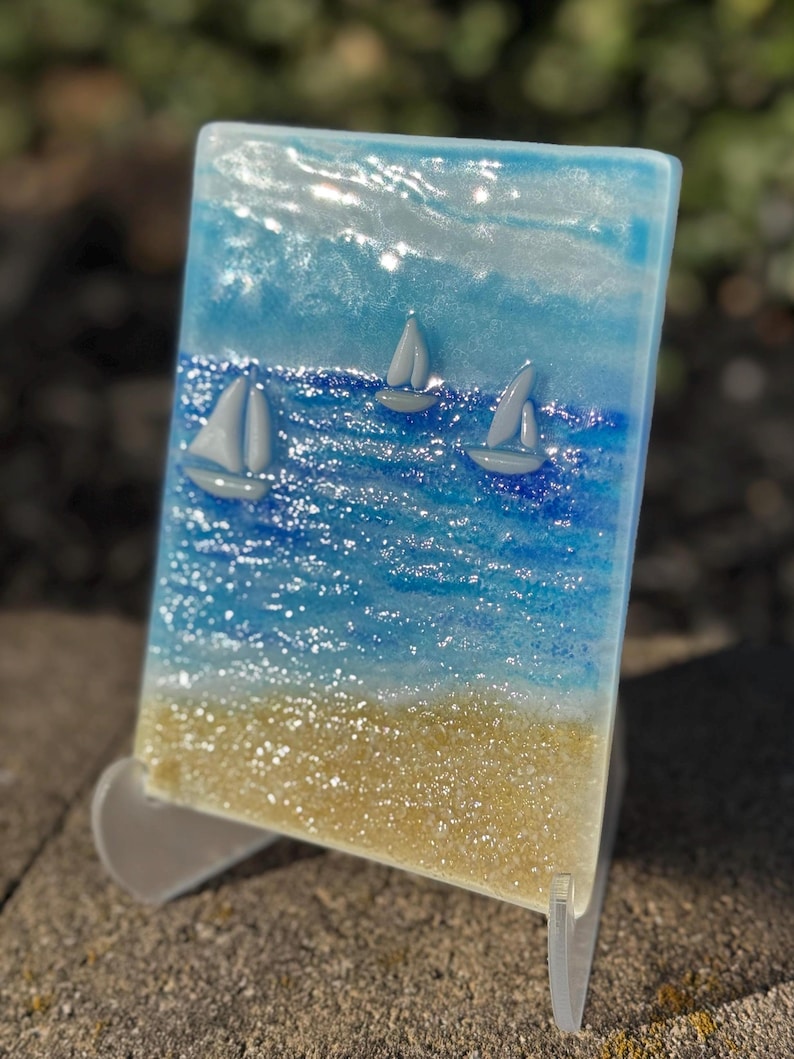 Fused Glass Ocean Panel- Nautical Wall Art- Sailboats Coastal Decor - Etsy