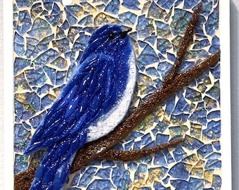 Bluebird Mosaic Wall Art – Fused Glass Bird on Branch, Textured Mixed Media Panel