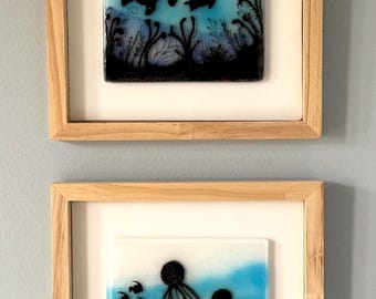 Fused Glass Sea Turtle & Octopus Panel Set: Coastal Wall Art
