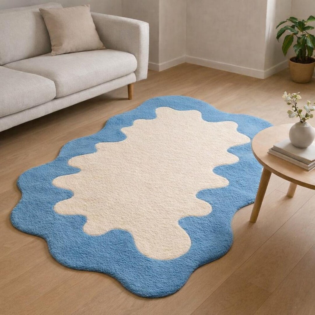 Abstract Blue & Ivory Tufted Wool Rug | Modern Wavy Shape Carpet | Soft ...