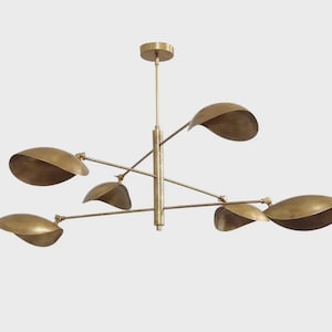 Sputnik Six Arm Curved Disk Shade Mid Century Modern Brass Chandelier Raw Brass Stilnovo Pendant Flush Mount Ceiling Light Fixture
