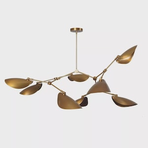 Style 8 Arm Curved Disk Shade Branch Sputnik Chandelier Light Fixture Mid Century Raw Brass Chandelier