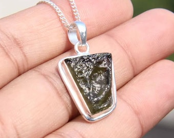Genuine Moldavite Sterling Silver Pendant Raw Tektite Healing Necklace, Green Stone Pendant with Bail