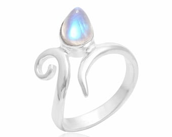 Anillo de piedra lunar arcoíris en plata de ley 925, piedra de nacimiento natural en forma de pera, regalo para ella