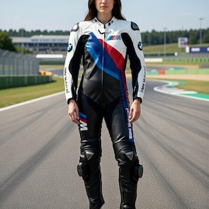 May include: A white, black, and blue BMW Motorrad racing suit. The suit features the BMW logo and branding, with red and blue accents. The suit is worn by a person standing on a racetrack.