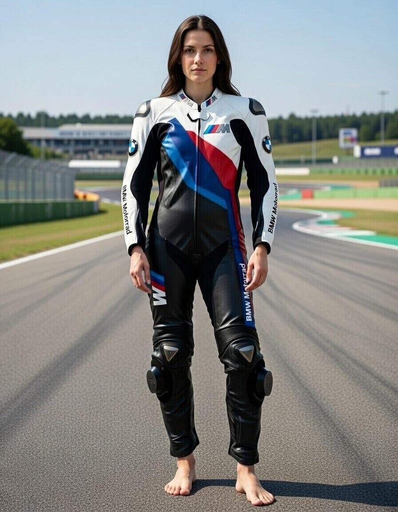 May include: A white, black, and blue BMW Motorrad racing suit. The suit features the BMW logo and branding, with red and blue accents. The suit is worn by a person standing on a racetrack.