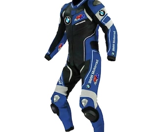 Traje de carreras de cuero para motocicleta BMW, color negro, azul y blanco.