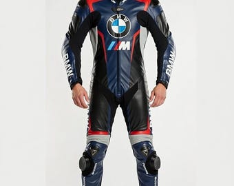 Traje de carreras de cuero para motocicleta BMW, negro y rojo, protección total de piel de vaca auténtica.