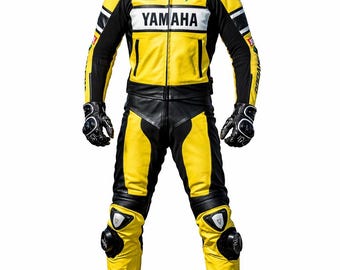 Traje de carreras de cuero de vaca personalizado para motocicleta Yamaha para hombre, amarillo y negro