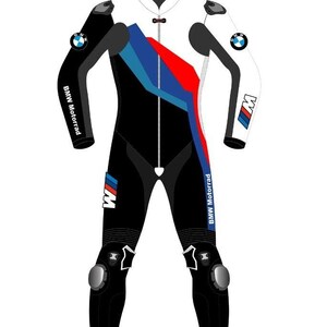 May include: A white, black, and blue motorcycle racing suit with the BMW Motorrad logo. The suit features a color block design with red and blue accents, knee sliders, and the BMW logo on the shoulders and arms.