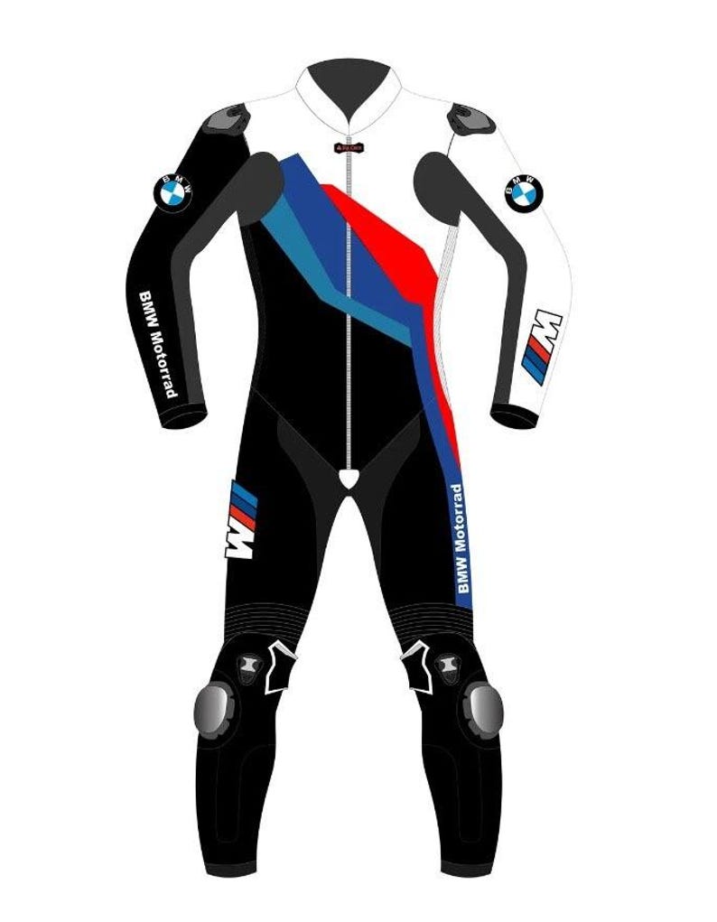May include: A white, black, and blue motorcycle racing suit with the BMW Motorrad logo. The suit features a color block design with red and blue accents, knee sliders, and the BMW logo on the shoulders and arms.