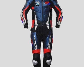 Mono de cuero para motocicleta BMW, color azul y rojo, con interior de protección completa y homologado CE.