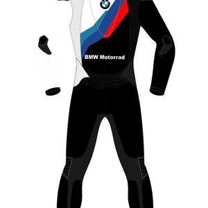 May include: A black and white motorcycle racing suit with the BMW logo and the text "BMW Motorrad". The suit features blue and red stripes on the chest and white accents on the shoulders and arms. The suit has protective padding on the knees and elbows.