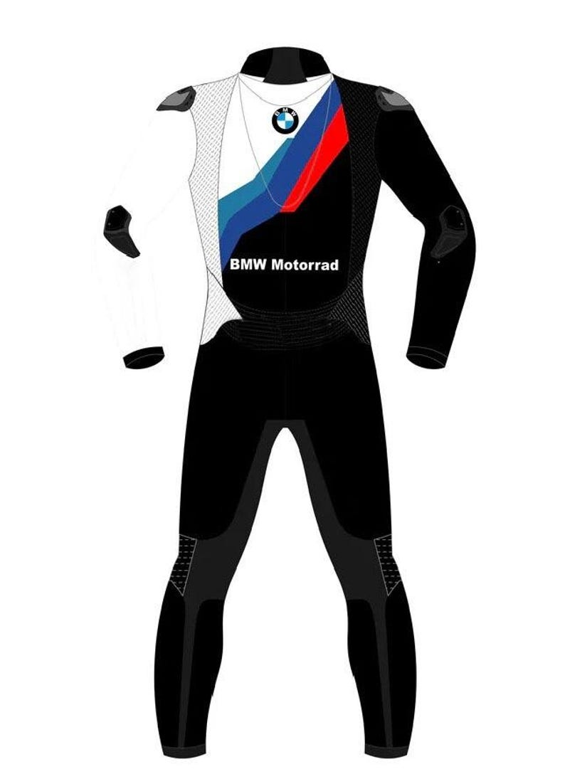 May include: A black and white motorcycle racing suit with the BMW logo and the text "BMW Motorrad". The suit features blue and red stripes on the chest and white accents on the shoulders and arms. The suit has protective padding on the knees and elbows.