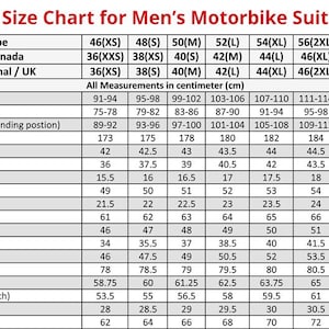May include: A size chart for men's motorbike suits, displaying measurements in centimeters. The chart includes sizes from 46(XS) to 60(4XL) for Europe, USA/Canada, and International/UK sizing. Measurements include chest, waist, hip, full length, and more.