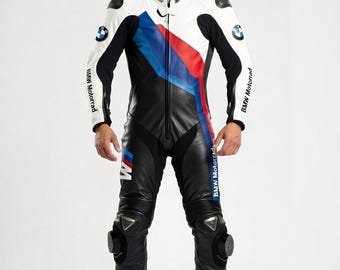 Traje de moto BMW de cuero para carreras, negro y rojo, para hombre y mujer.
