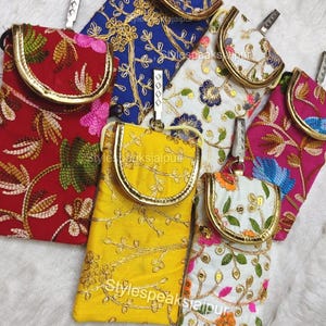 Broderad blommig mobilväska, midjeväska med klämma och rem, indisk bröllopsgåva, handgjord present till Navratri/Sangeet/Diwali/Haldi.