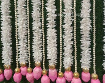 Sola Wood Lotus & Jasmine Garland Set 4ft Floral Pearl Wall Hanging for Indian Wedding, Pooja Room, Diwali Pooja Backdrops Settings