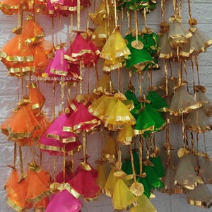 Net Gota Frill Garlands – Mehndi Haldi Decor –Yellow & Pink, Orange, Golden, Green Tassel Hangings for Temple, Party Backdrop Free Shipping