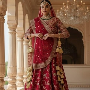 May include: A red embroidered bridal lehenga with gold accents. The outfit includes a matching dupatta and a detailed blouse. The image is labeled "Reference Photo Only". The lehenga features intricate floral patterns and decorative tassels.