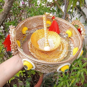 Thali de ceremonia Haldi hecho a mano / Bandeja Haldi floral para novia/novio / Bandeja decorativa para bodas / Plato Haldi Rasam Tel Ban