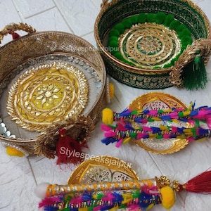 Juego de bandejas para ceremonias de haldi y mehndi, bandeja decorativa para bodas con cuencos y aplicador, pithi, mayonesa, shaadi, thali amarillo y verde.