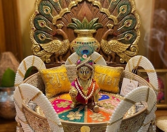 Handmade Beaded Aasen for Laddu Gopal & Ganesh Ji – Pearl Throne with Golden Jeri and Gota Patti with  two Cushions for Pooja Decor