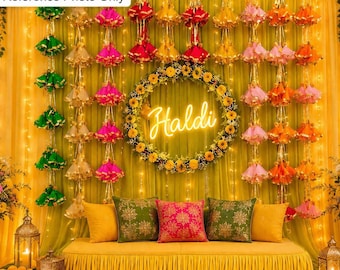 Net Gota Frill Garlands – Mehndi Haldi Decor –Yellow & Pink, Orange, Golden, Green Tassel Hangings for Temple, Party Backdrop Free Shipping