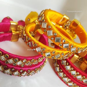 Adjustable Silk Thread Maggam Work Bangles with Latkan –Free Size Bridal Bangle Set for Mehndi, Haldi, Sangeet,Return Gifts, Wedding Favors