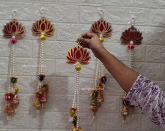 Lotus Wall Hanging with Pearls & Gota Bells | Handmade MDF Floral Decor for Diwali, Pooja Room, Wedding, Temple | Indian Festival Decor
