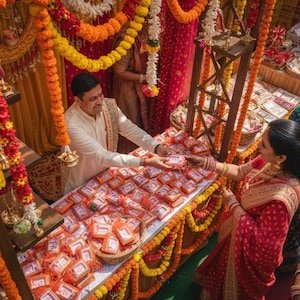 May include: A vibrant scene at a festive event, with a man handing out small, orange-wrapped gifts. The scene is decorated with garlands of orange, yellow, and red flowers. People are dressed in traditional Indian attire.