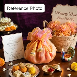 Traditionell dubbelskuggad organza-potlipåse | Bröllops-Mehndi Haldi Sangeet-gåva | Torkad frukt Mithai-smycken och brudtärnepresentförpackningar