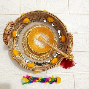 Plato decorativo Haldi, bandeja para bodas indias, punjabi y pakistaníes, celebración Pithi Tel Ban, bandeja Haldi, accesorio para bodas Haldi