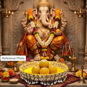 May include: A statue of the deity Ganesha adorned with gold jewellery and a floral garland, seated in a shrine. In the foreground, a round tray with a yellow cloth and white beaded fringe holds five yellow round sweets, labelled Reference Photo.
