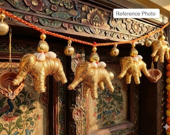 Rajasthani Artwork Wooden Elephant Toran For Door, Diwali Decoration, Boho Gold Door Valance  with Bells and Shells, Ganpati Backdrop Decor