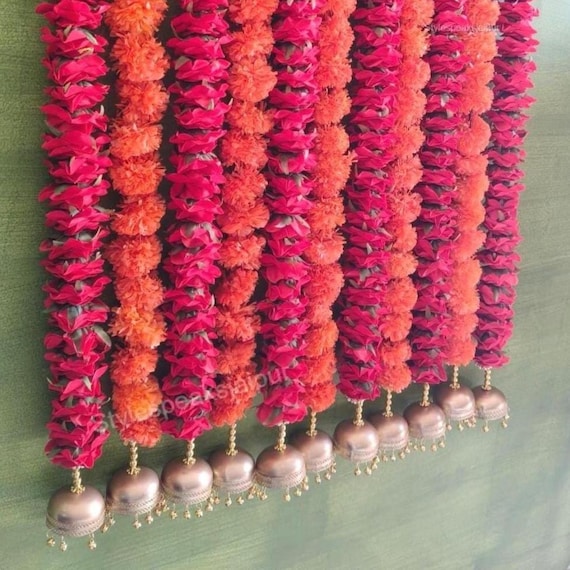 Rose & Marigold Garland with Golden Jhumka Bells | Wedding Toran | Festive Door Hanging | Indian Haldi Mehndi Decor | Diwali Floral Decor
