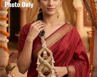 Traditional Punjabi Bridal Hair Braid, Kundan Flower and Gota Work Pearl Tassel Paranda, Mehandi Sangeet Jaggo Wedding Hair Accessory