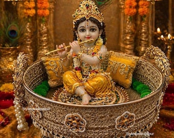 Handmade God Throne /Sinhasan for Home Mandir Decor | Krishna /Laddu Gopal Seat | Hindu Pooja Altar Gift with Shubh Labh Cushions