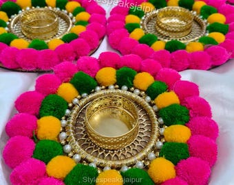 Set of 5 Multicolored Pompom Diya Mat Rangoli, Diwali Home Decoration, Entryway Rangoli, Festival Party Decor, Pooja Room Decoration