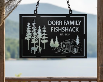 Personalisierte Familien Name & Datum Dekor, Forest Cabin Metallschild, Benutzerdefinierte Deer Pine Tree Metall Dekor, Outdoor Metall hängend, Geschenk für Cabin