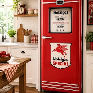 Vintage Mobilgas benzinepomp koelkast wrap sticker | Retro tankstation Peel & Stick keukenvinylsticker, Americana koelkastdeksel, aangepast formaat