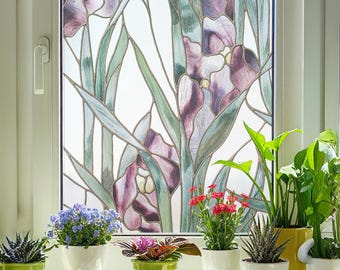 Purple Iris Stained Glass Window Film – Soft Floral Art Peel & Stick Privacy Vinyl for Kitchen or Bathroom, Tiffany style, Custom Size