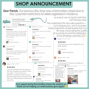 May include: Shop announcement image with customer reviews. The image includes text from a previous Etsy shop, showcasing product quality and customer satisfaction. Reviews mention window stickers, wraps, and stained glass looks.