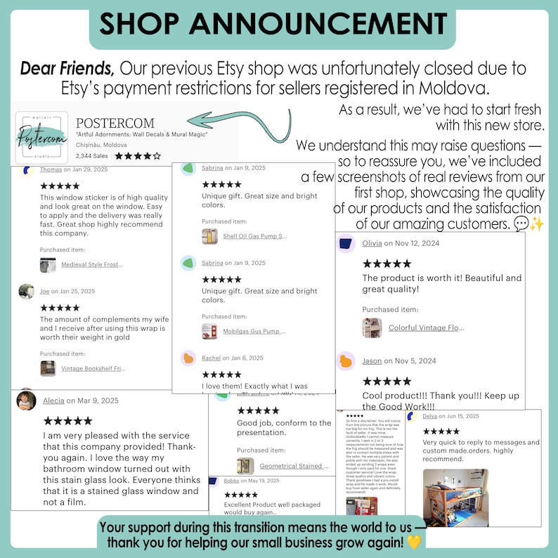 May include: Shop announcement image with customer reviews. The image includes text from a previous Etsy shop, showcasing product quality and customer satisfaction. Reviews mention window stickers, wraps, and stained glass looks.